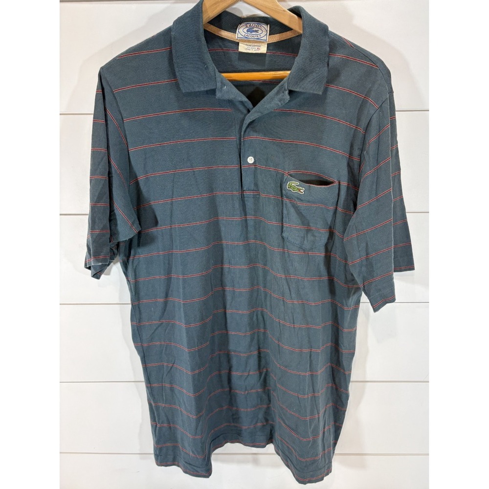 VTG 80's IZOD Lacoste Men's Polo Shirt Green Red Stripes Golf Short Sleeve Sz XL